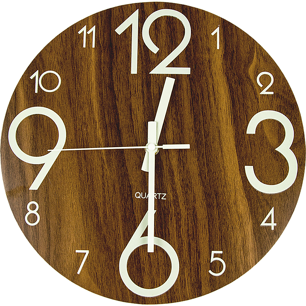 Glow In Dark Wall Clock Luminous Quartz Wooden Non Ticking Home Decor 12'' 30cm