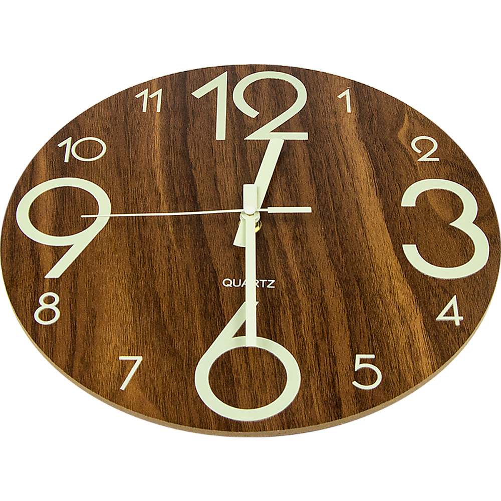 Glow In Dark Wall Clock Luminous Quartz Wooden Non Ticking Home Decor 12'' 30cm