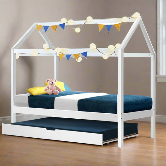 Wooden House Bed Frame with Trundle