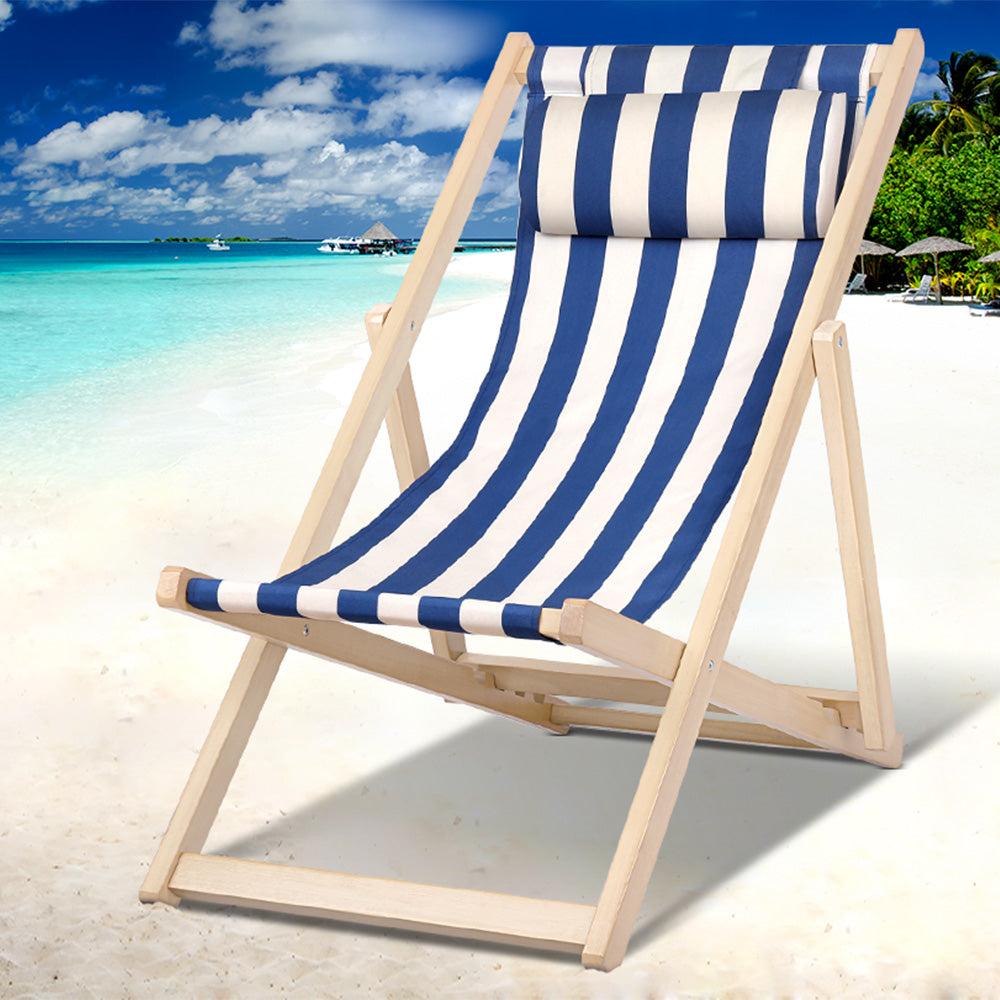 Outdoor Deck Chair Wooden Sun Lounge Folding Beach Patio Furniture Blue