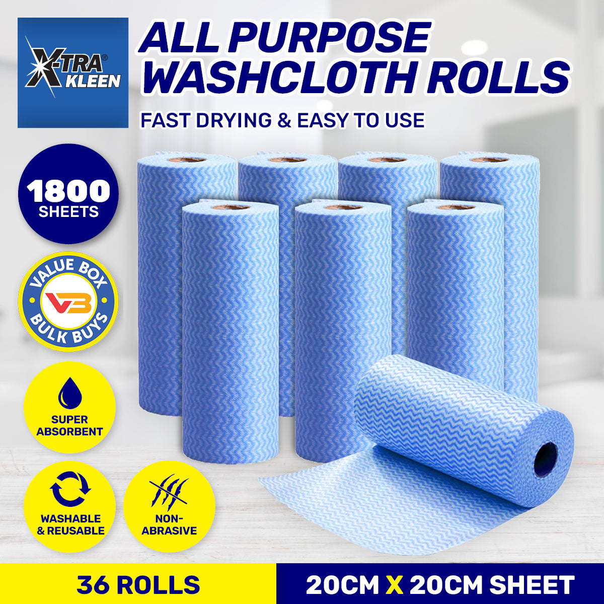 1800PCE All Purpose Washcloth Rolls Reusable Non Abrasive 20 x 20cm