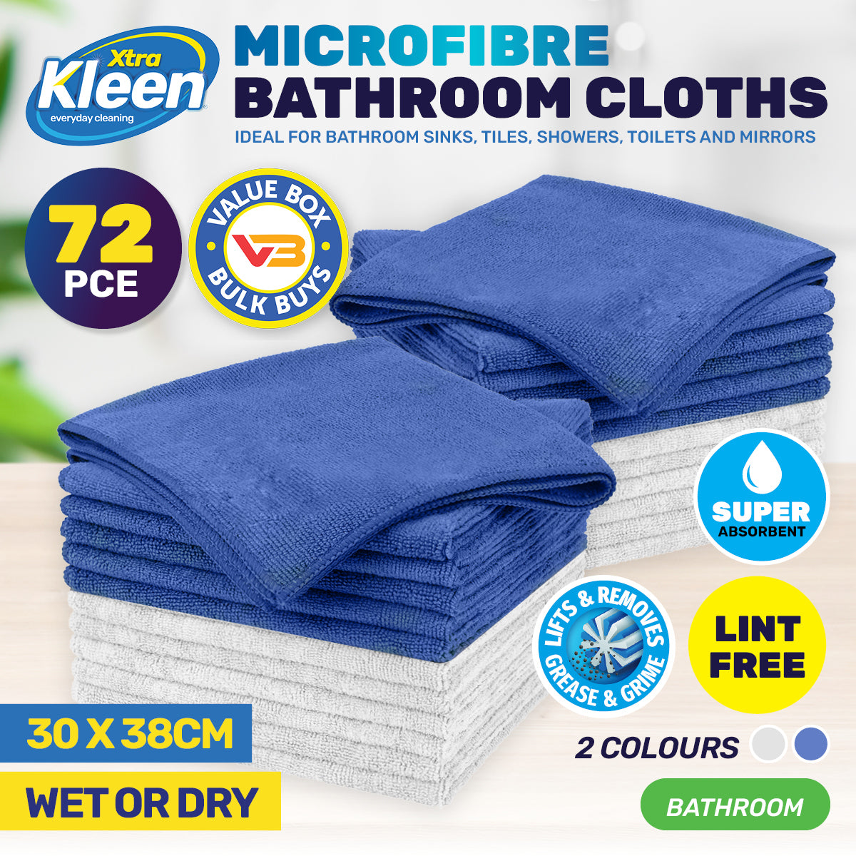 72PCE Microfibre Bathroom Cloths Lint Free Absorbent 30 x 38cm