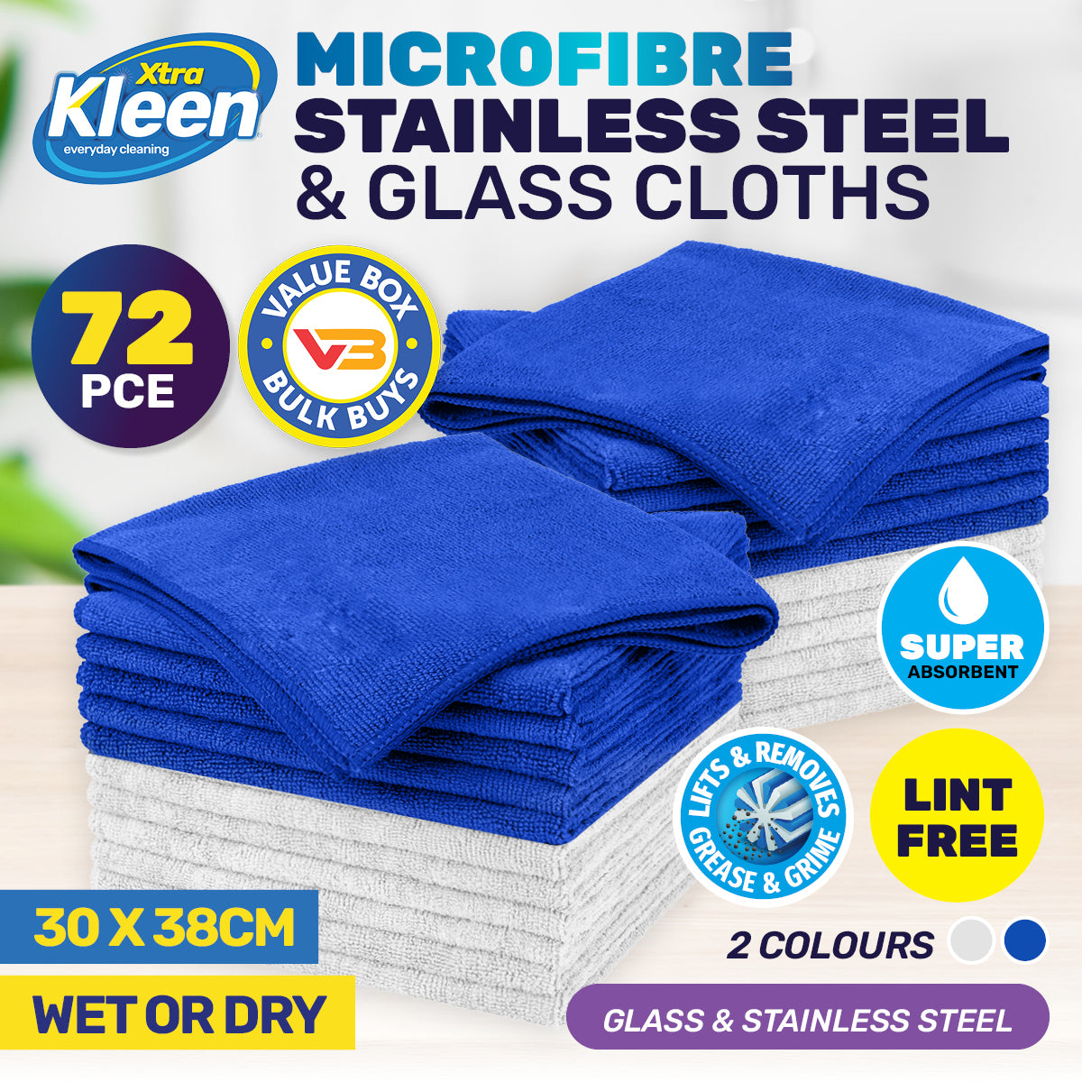 72PCE Microfibre Stainless Steel & Glass Cloth Lint Free 30 x 38cm