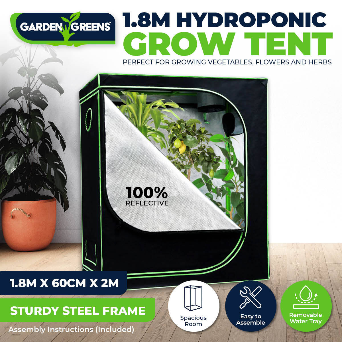 1.8m x 2m Hydroponic Grow Tent Sturdy Reflective Oxford Fabric