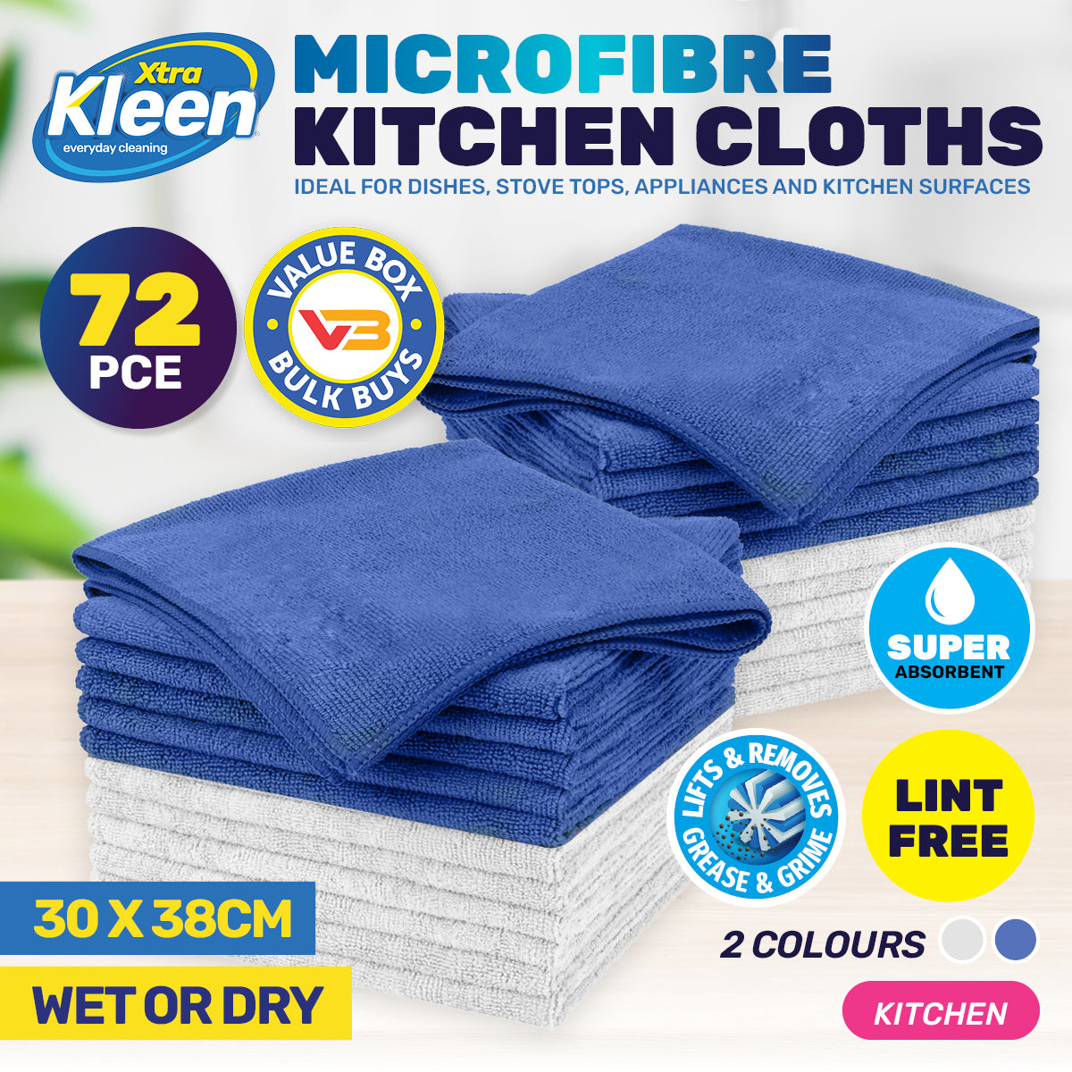 72PCE Microfibre Kitchen Cloth Lint Free Super Absorbent 30 x 38cm