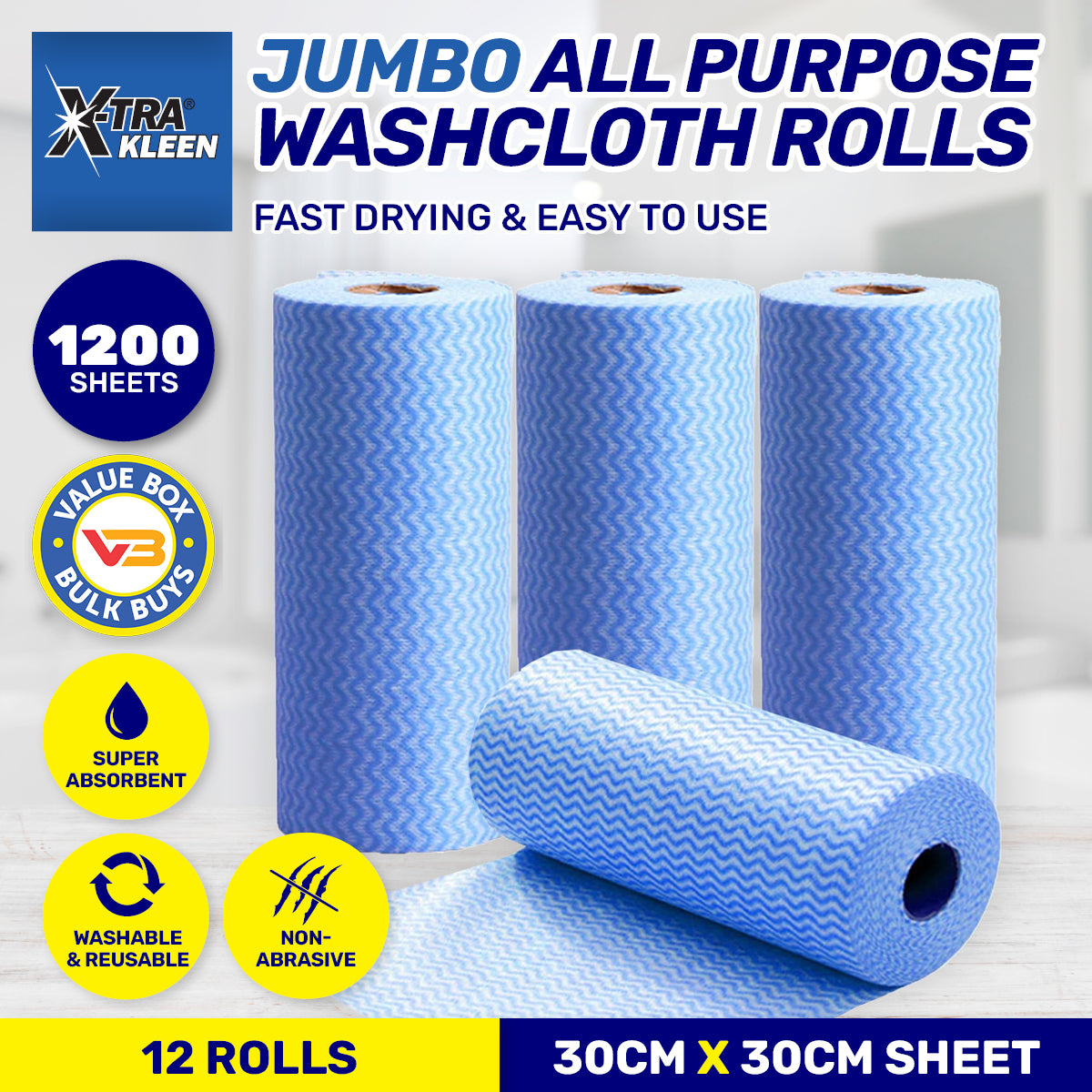 1200PCE All Purpose Jumbo Washcloth Rolls Reusable 30 x 30cm