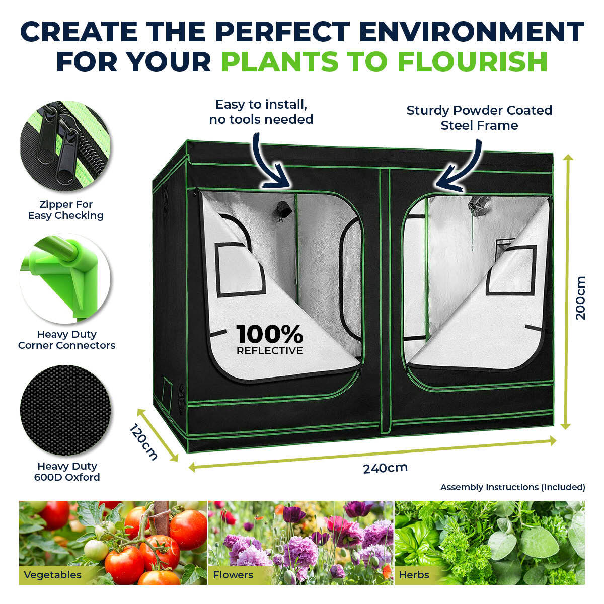 Grow Tent Kits 2.4m x 1.2m x 2m Hydroponics Indoor Grow System