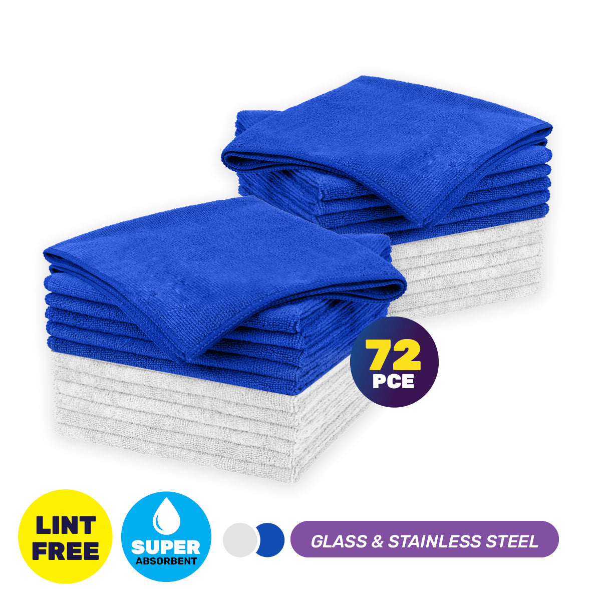 72PCE Microfibre Stainless Steel & Glass Cloth Lint Free 30 x 38cm